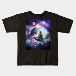 Kitty Cat Riding Rainbow Chameleon Lizard In Space Universe Kids T-Shirt